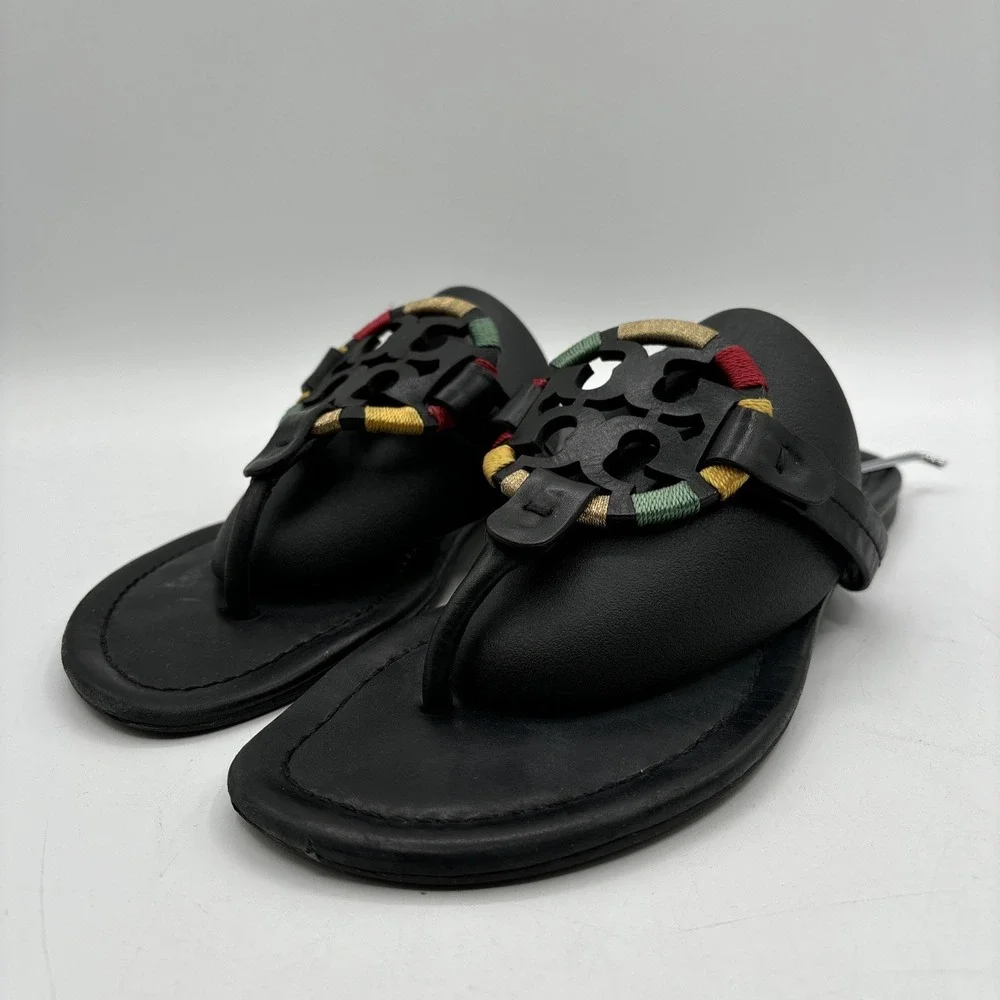 Tory Burch Miller Flats Women's 7 Black Thong Embroidered Colorful Logo Sandals
